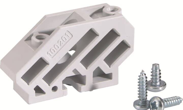 Kunststoffverbindungselement mit seitlichen Öffnungen und drei Metallschrauben daneben.