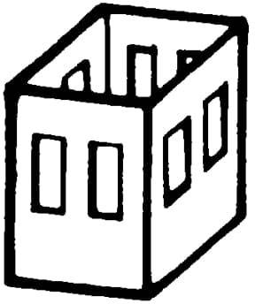 Eine skizzenhafte Zeichnung eines Hauses ohne Dach, mit erkennbaren Fenstern an den Seitenwänden.