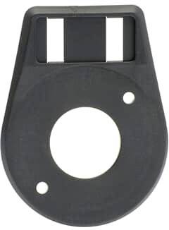 Kunststoffscheibe mit rechteckiger Öffnung oben und einem großen kreisförmigen Loch unten, wahrscheinlich ein Teil für mechanische Anwendungen.