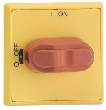 Gelber Stromschalter mit rotem Hebel. Beschriftung 'ON' und 'OFF'. Hebel zeigt auf 'ON'.