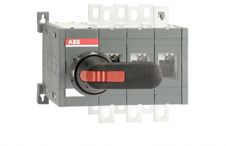 Drehschalter des Typs OTM von ABB, grau-schwarz mit rotem Griff, zur manuellen Steuerung und Trennung elektrischer Schaltkreise.