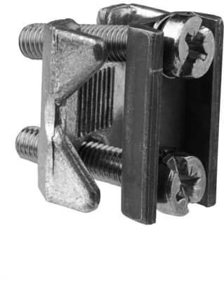 Metallische Kabelklemme mit zwei Schrauben, die Drähte oder Kabel fixiert.