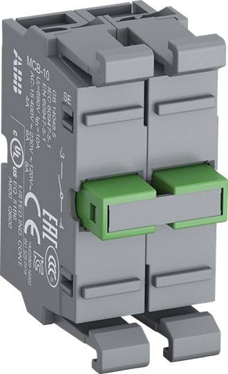 Ein grauer und grüner, modularer Sicherungsautomat mit technischen Spezifikationen aufgedruckt, geeignet für elektrische Schalttafeln.