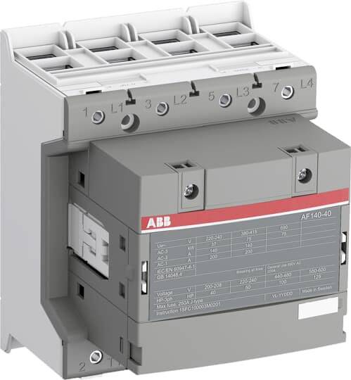 Ein grauer, rechteckiger elektrischer Schütz mit der Beschriftung 'ABB AF140-40', das für den Anschluss an elektrische Anlagen vorgesehen ist.