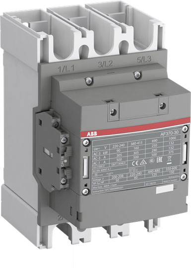 Schütz AF370-30 in Grau, geeignet für Spannungen von 220-690V und Ströme bis 370A. Der Schütz ist für industrielle Anwendungen konzipiert.