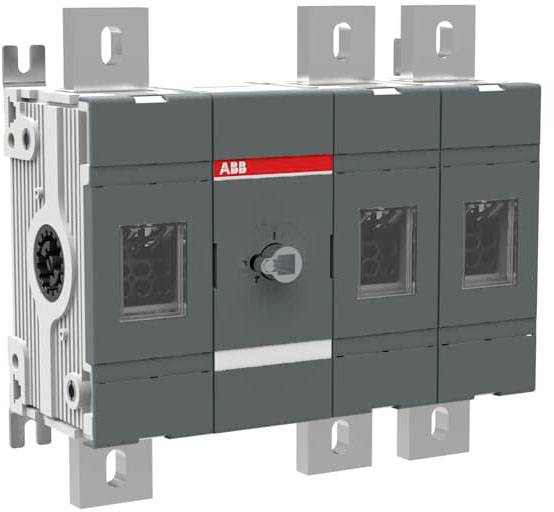 Ein grauer elektrischer Leistungsschalter mit roten Markierungen in der Mitte, montiert, mit vier großen Befestigungswinkeln.