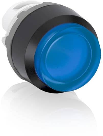 Ein runder, blau leuchtender Knopf mit schwarzem Rand auf weißem Hintergrund. Er könnte ein Auslöser oder Schalter sein.