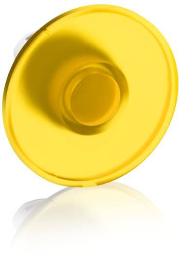 Ein gelbes, rundes Silikonteil mit konkaver Form. Es hat einen zentralen Noppen, wird für ergonomische Zwecke genutzt.