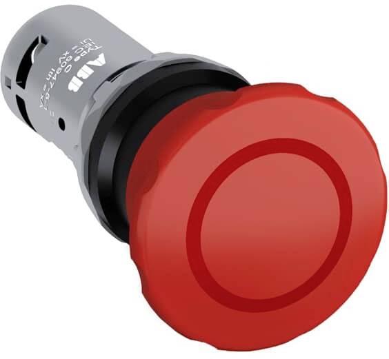 Ein großer roter Not-Aus-Schalter mit schwarzer Fassung, oft in Maschinen zur Sicherheitsabschaltung verwendet.