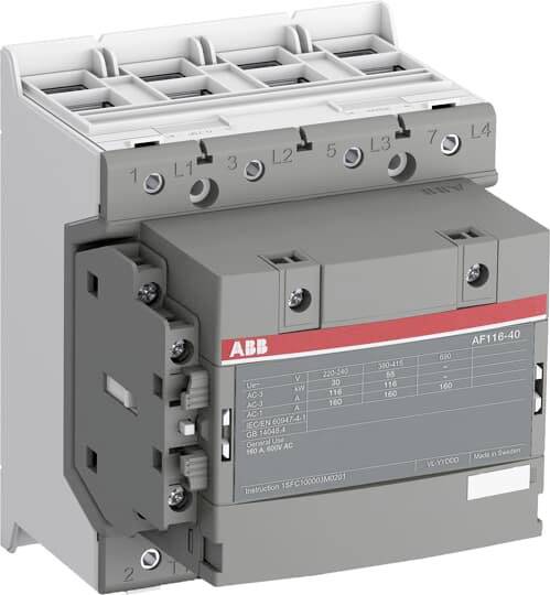 Abbildung eines grauen ABB AF116-40 Schütz mit mehreren elektrischen Anschlüssen und Beschriftungen auf der Vorderseite.