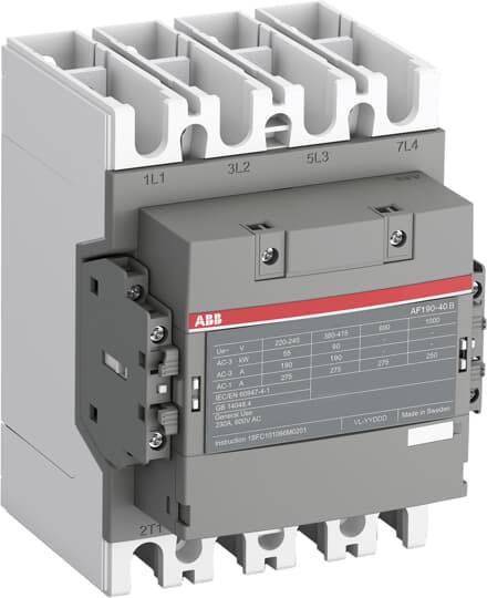 Schütz mit ABB-Logo, silberfarbenes Gehäuse, beschriftete Anschlusspunkte, geeignet für industrielle elektrische Anwendungen.