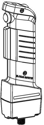Schwarz-weißes Diagramm eines tragbaren Brenners. Markiert mit 'YJF-506A'. Rechte Seite zeigt grobe Struktur und Knöpfe.