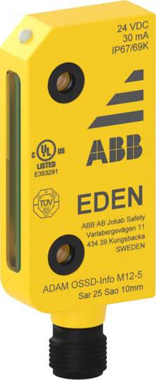 Gelbes Sicherheitsmodul EDEN von ABB, bezeichnet für 24 VDC, 30 mA. Enthält CE- und TÜV-Zertifikate, hergestellt in Schweden.
