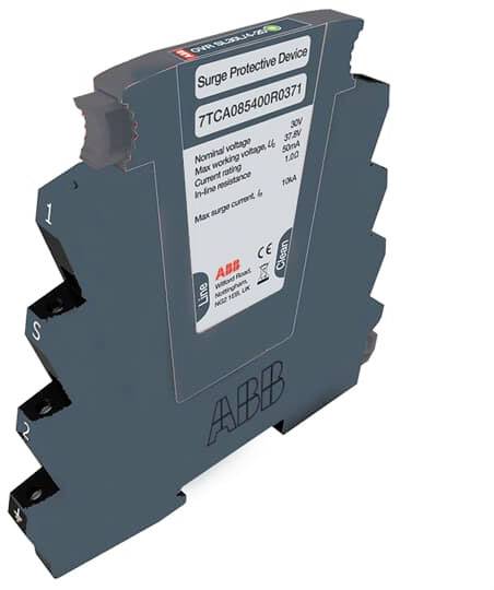 Überspannungsschutzgerät mit Anschlussklemmen und Beschriftung. Markiert mit Spezifikationen wie Nennspannung 350V und max. Entladestrom 10kA.