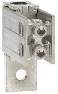 Metallische elektrische Klemme mit zwei Schrauben zur Befestigung von Leitern, für industrielle Anwendungen geeignet.