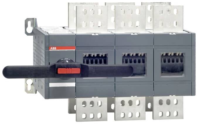 Industrieller Lasttrennschalter mit rot-schwarzem Hebel, geeignet für elektrische Anlagen zum Unterbrechen oder Umleiten von Strom.