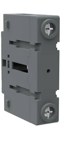 Ein graues, rechteckiges elektrisches Bauteil mit zwei Metallschrauben oben und unten. Es scheint zur Montage auf Schienen geeignet.