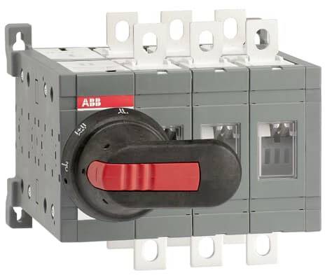 Elektrischer Drehschalter mit rotem Griff an grauem Gehäuse, geeignet für Industrieanlagen. Sichtbare Anschlüsse und mechanische Befestigungspunkte.