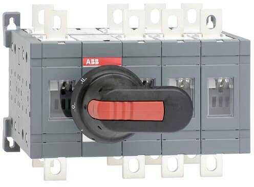 Ein graues Schaltgerät mit rotem und schwarzem Hebel, der auf die Position '1' eingestellt ist. Montierbare Metalllaschen an den Seiten.