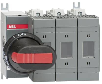 Drehschalter, schwarz-rot, mit grauen Anschlussklemmen im Hintergrund, markiert mit 'ON' und 'OFF', für industrielle elektrische Anwendungen.