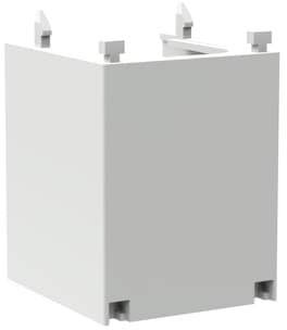 Ein grauer, quaderförmiger Plastikverbinder mit vier Laschen an der Oberseite. Möglicherweise Teil eines Baukastensystems.