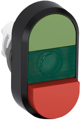 Ein zweifarbiger Schalter mit grünem und rotem Licht, oft zur Statusanzeige genutzt. Obere Hälfte grün, untere Hälfte rot.