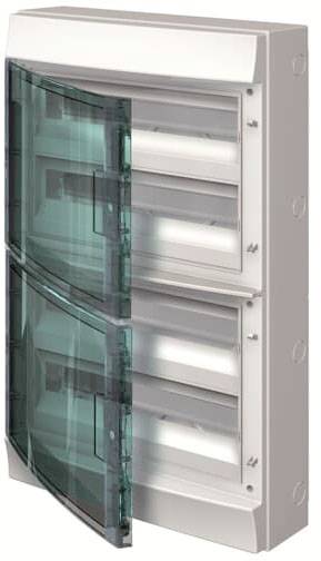 Ein doppelter Sicherungskasten mit durchsichtigen, geöffneten Türen, der Platz für mehrere Sicherungen bietet.