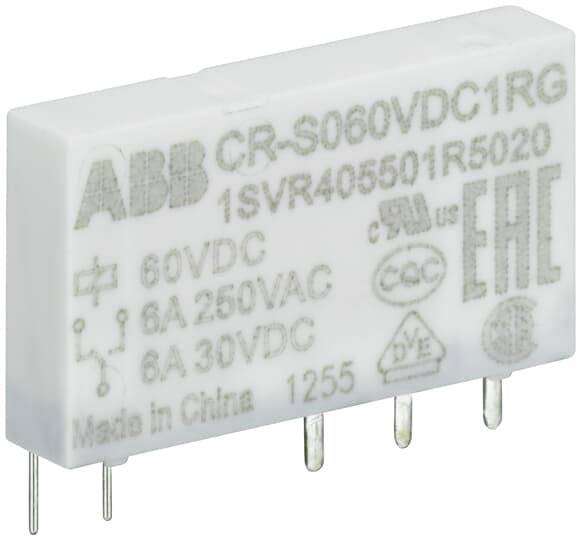 Ein kleines, weißes Relais der Marke ABB mit technischen Informationen und Spezifikationen auf der Vorderseite, wie 60VDC und 6A 250VAC.