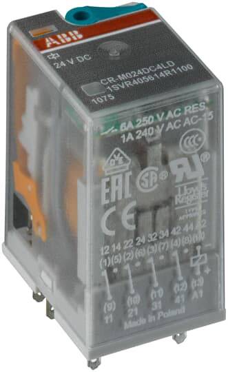 Ein transparenter Relais mit mehreren Anschlüssen und Beschriftungen zu technischen Spezifikationen. Hauptkennzeichnung: 6A 250V AC.