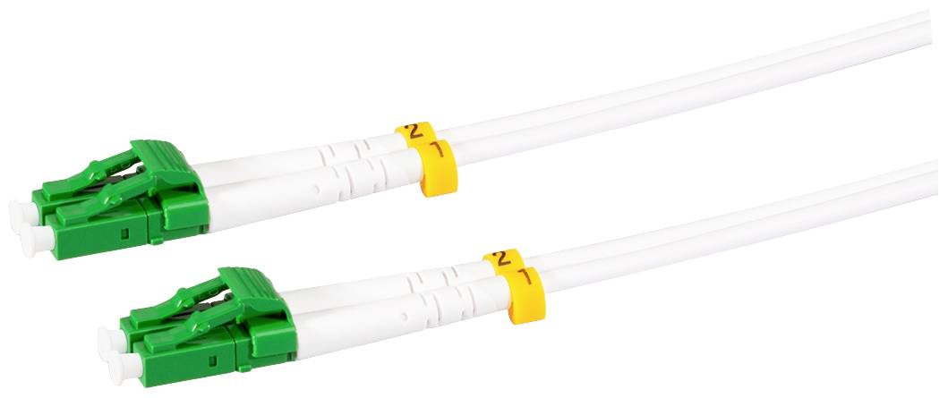 Zwei LC-Duplex-Kabel mit grünen Steckern und gelb markierten Etiketten '1' und '2', die auf weißem Hintergrund dargestellt sind.