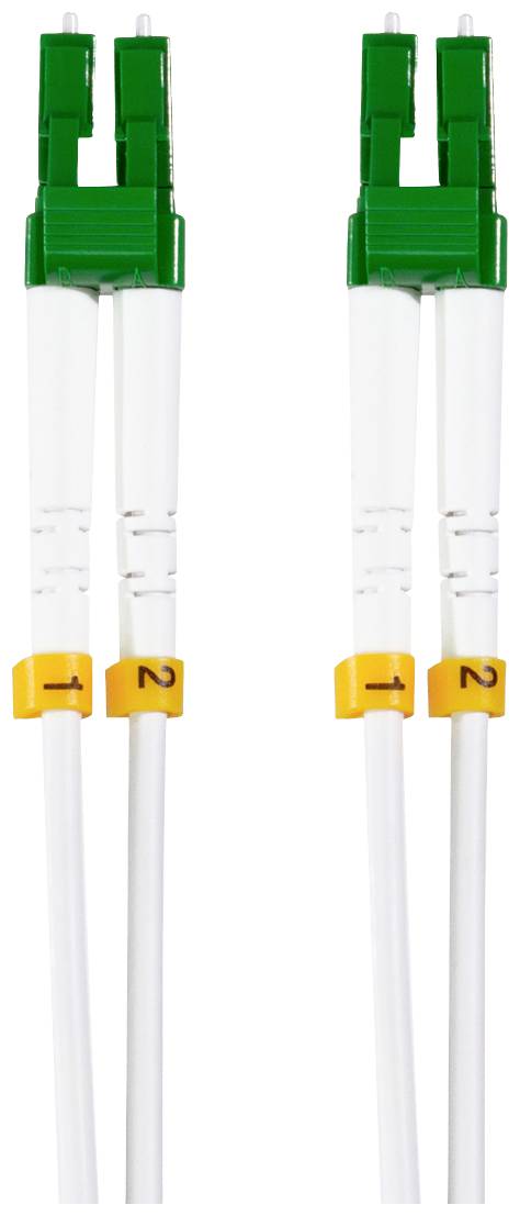 Zwei Paar weiße Glasfaserkabel mit grünen Steckern und gelben Markierungen '1' und '2'. Sie sind parallel angeordnet.