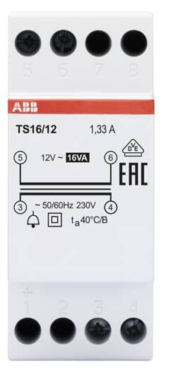 Ein elektrisches Gerät der Marke ABB mit der Modellnummer TS16/12, versehen mit Spezifikationen: 12V-16VA, 1,33A, 50/60Hz, 230V.