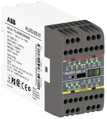 Sicherheits-SPS-Modul 'ABB Pluto A20 v2' mit mehreren Anschlussports und LED-Anzeigen für industrielle Automatisierung.