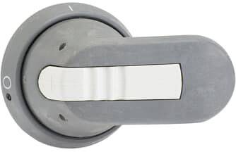 Grauer Drehschalter mit einem Hebel in der Position 'Aus'. Markierungen für 'Ein' und 'Aus' sind auf dem Schalter sichtbar.