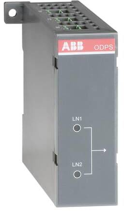 Elektronisches ABB-Modul mit der Bezeichnung 'ODPS'. Vorderseite zeigt Verbindungsschema mit 'LN1' und 'LN2'.