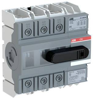 Ein grauer Leistungsschalter mit rotem 'ON'-Schalter. Herstellerinformationen sind sichtbar. Gerät für elektrische Installationen.