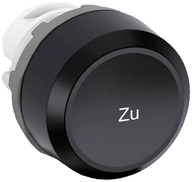 Schwarzer Knopf mit Aufschrift 'Zu', symbolisiert Geschlossenheit oder Abschalten.