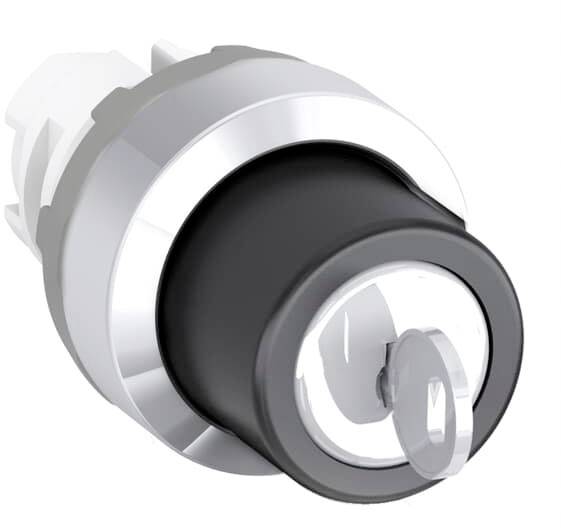 Ein silberner Schlüsselschalter mit einem Schlüssel steckt im Schloss. Der Schalter hat eine glänzende, runde Metallverkleidung.