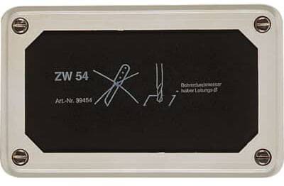 Ein rechteckiges Gerät mit der Bezeichnung 'ZW 54' und 'Bohrerdurchmesser höchst 5'. Enthält eine Skizze und Artikelnummer '39454'.