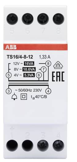 Elektrisches Bauteil, ABB TS16/4-8-12. Zeigt Anschlussdiagramm und technische Spezifikationen, wie Stromstärke (1,33 A) und Leistung (16VA, 10,6VA, 5,3VA) bei verschiedenen Spannungen.