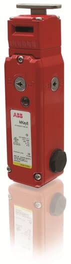 Rotes Sicherheitsschaltgerät mit Schlüsselloch auf Vorderseite, Marke ABB, eignet sich für industrielle Anwendungen zur Zugangskontrolle.