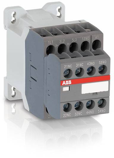 Ein elektrischer Schütz von ABB mit mehreren Klemmen und einem markanten roten Streifen auf der Vorderseite.