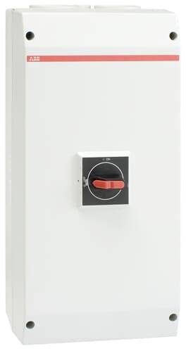 Ein weißes elektrisches Gehäuse mit einem zentralen, schwarzen Drehschalter und rotem Griff, montiert an der Vorderseite.