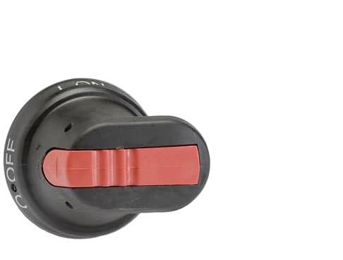 Ein schwarzer Drehschalter mit einem roten Hebel. An der Seite ist 'OFF' in weißer Schrift erkennbar. Der Hebel steht auf 'OFF'.