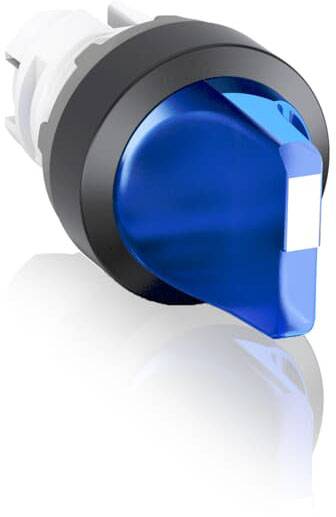 Ein blauer Drehknopf mit schwarzem und weißem Gehäuse, vermutlich Teil eines elektrischen Schalters oder Geräts.