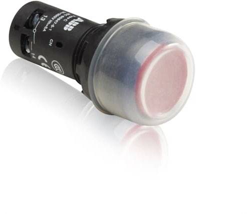 Ein runder, roter LED-Leuchtmelder mit schwarzem Gehäuse und Beschriftungen. Verwendet zur Anzeige von Betriebszuständen in Geräten.