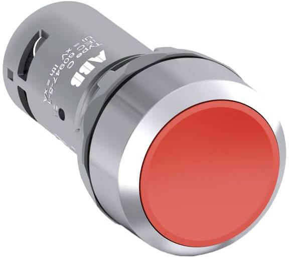 Roter Druckknopf, rund, mit silbernem Rand, gekennzeichnet mit 'ABB'.