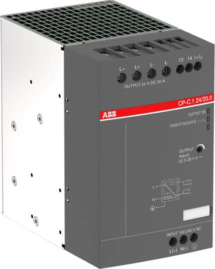 Stromversorgungseinheit mit grauem Gehäuse, rotem Streifen, ABB-Logo und technischen Daten für Ein- und Ausgangsspannungen.