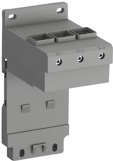 Grauer elektrischer Adapter mit drei quadratischen Steckplätzen oben und Schraubvorrichtungen vorne, vertikal ausgerichtet.