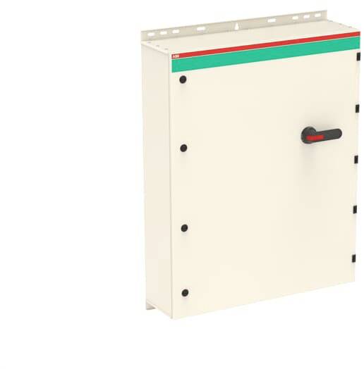 Ein weißer Schaltschrank mit einem schwarzen Griff und einem rot-grünen Farbstreifen oben, geeignet für elektrische Installationen.